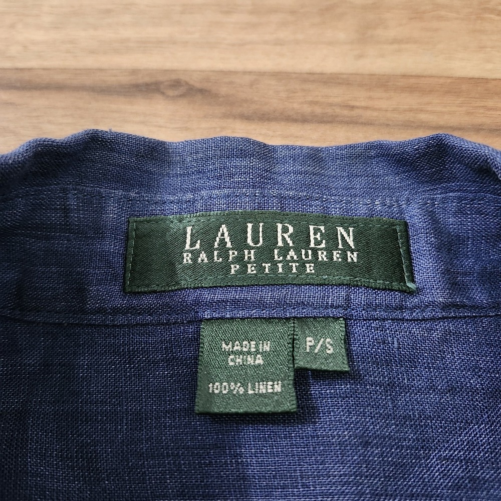 Lauren Ralph Lauren Denim Chambray Shirt Linen Shoulder Epaulets Petite Small - Picture 7 of 9